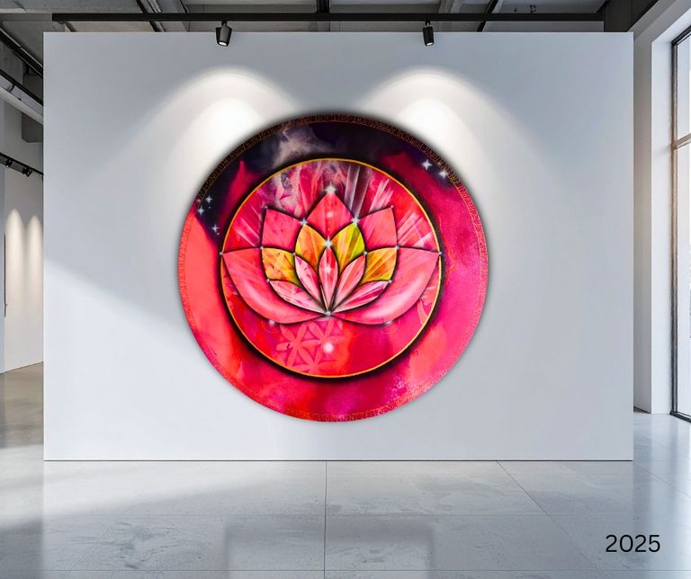 Rundkunstwerk mit einem pinkfarbenen Lotusblumendesign, das an einer weißen Wand in einer modernen, hell beleuchteten Galerie hängt.